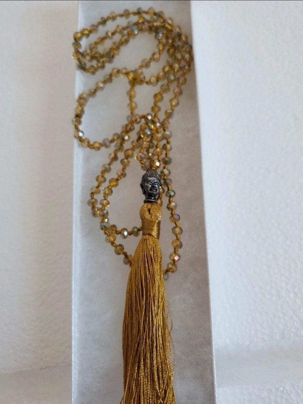 Gold Beaded Tassel Necklace with Buddha Pendant